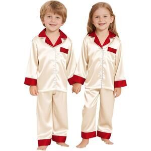 NWT ~ Children's Cream & Red Satin Pajamas Unisex Boys Girls Youth PJ's